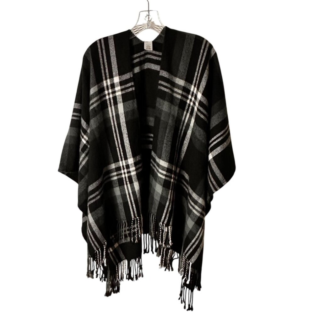 Unbranded OS Black & Gray Plaid Poncho Shawl Wrap With Fringe Edges